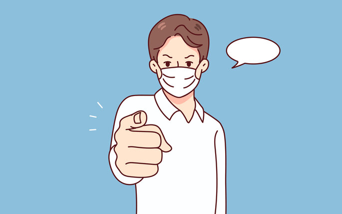 Illustrasjonen viser en mann med munnbind som peker.