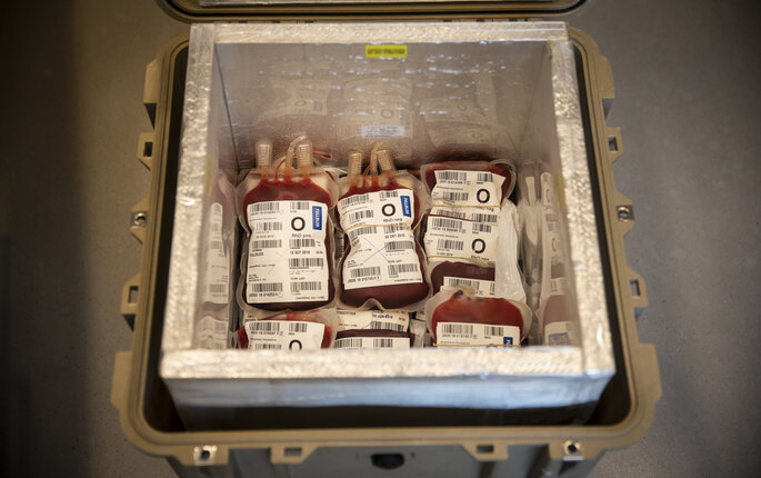 Bildet viser blodposer i en boks.