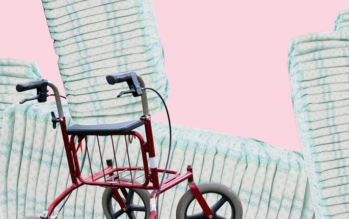 Bildet viser en illustrasjon av bleier og rullator Bildet viser en illustrasjon av bleier og rullator