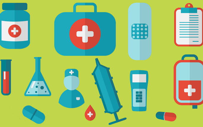 Illustrasjonen viser diverse medisinsk utstyr, som pilleboks, plaster, reagensrør med blod, sprøyte m.m.