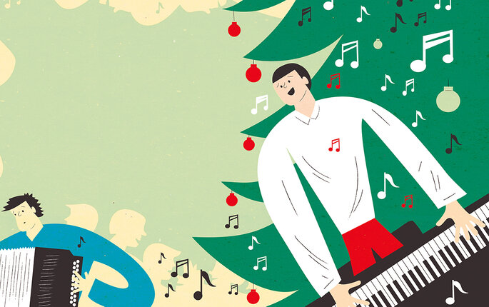 Illustrasjonen viser en som spiller piano og en som spiller trekkspill.