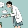 Illustrasjonen viser en sykepleier som holder et brett mot en pasient og sier: Den rosa pillen hjelper mot leddsmerter, men gir deg diaré. Den gule hjelper mot diaré, men gir deg leddsmerter. Så: Hvilken vil du ha?