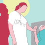 Bildet er en illustrasjon av en sykepleier som holder en pasient i hånden
