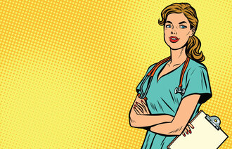 Illustrasjonen viser en sykepleier med stetoskop rundt halsen og en kurve i hånden.
