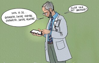 Illustrasjonen viser en lege som står med en mobiltelefon. Han sier: "Skal vi se. Godarta, swipe høyre. Ondarta, swipe venstre. Eller var det omvendt?"