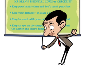 Bildet viser Mr. Bean som drar ned et lerret.
