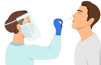 Illustrasjonen viser en helsearbeider som tar en koronatest fra nesen til en mann.