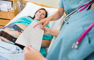 Bildet viser en høygravid kvinne som ligger i sengen og får ultralyd. To sykepleiere står ved siden av og diskuterer noe på et ark 