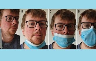 Bildet viser Jesper Sørensen som demonstrerer ulike måter å ha på munnbind.