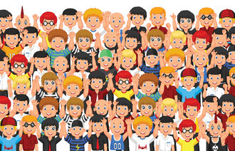 Illustrasjonen viser en masse folk som holder hendene over hodet og jubler
