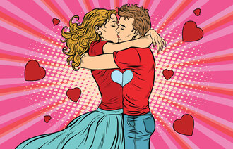 Illustrasjonen viser en gutt og en jente som kysser.