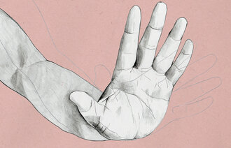 Illustrasjonen viser en hånd som både kan illustrere å si "stopp", men også å skulle ta på noen