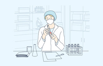 Illustrasjonen viser en helsearbeider som analyserer blodprøver.