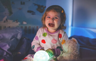 Bildet viser ei lita jente som sitter gråtende i senga. Foran seg holder hun ei lyslampe