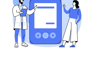 Illustrasjonen viser to mennesker, et apparat for å måle blodsukker og en bloddråpe.