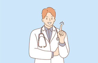 Illustrasjonen viser en mann med legefrakk og stetoskop som holder en finger i været.