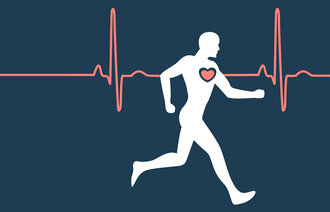 Illustrasjonen viser en mann som løper. Han har et hjerte tegnet på brystet, og bak ses en graf over pulsen