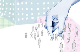 Illustrasjonen viser en stor hånd som plukker ut små mennesker