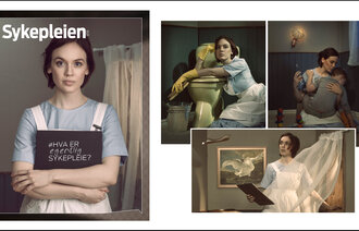 Montasjen viser forsiden av Sykepleiens temanummer #Hva er egentlig sykepleie og tre bilder fra bladet av sykepleiere