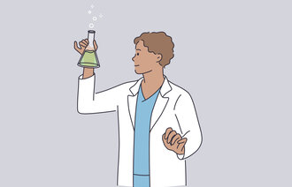 Illustrasjonen viser en mannlig helsearbeider som holder en kolbe med grønn væske.