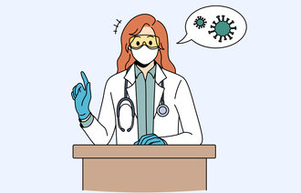 Illustrasjonen viser en helsearbeider som står og foreleser, og en snakkeboble med virus inni.