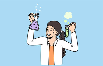 Illustrasjonen viser en helsearbeider som holder et reagensglass i hver hånd.