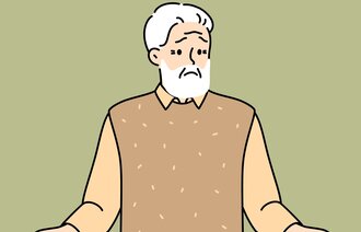 Illustrasjonen viser en eldre mann med spørsmålstegn over hodet.