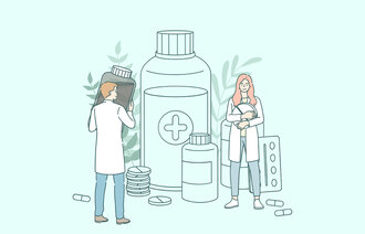 Illustrasjonen viser helsearbeidere og flasker og brett med medisiner.