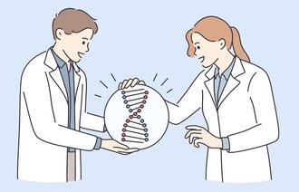 Illustrasjonen viser mann og kvinne i hvitt som ser på DNA.