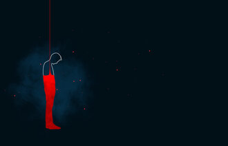 Bildet viser en kunstnerisk tegning av en ensom mann i rødt på en mørk bakgrunn. Mannen henger i en tynn tråd