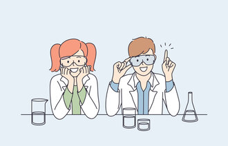 Illustrasjonen viser to mennesker i lab-frakker med lab-utstyr.