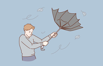 Illustrasjonen viser en mann med paraply i storm.