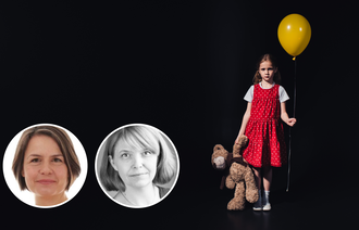 Bildet viser et barn med et trist uttrykk. I den ene hånden holder hun en bamse. I den andre en gul ballong.