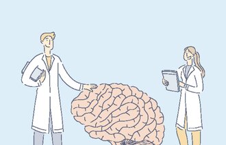 Illustrasjonen viser to helsearbeidere med en kjempestor hjerne.