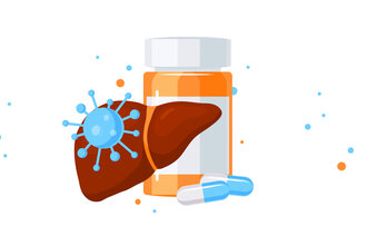 The illustration shows a liver and a glass with some pills on front of it