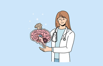 Illustrasjonen viser en kvinnelig helsearbeider som holder en hjerne.