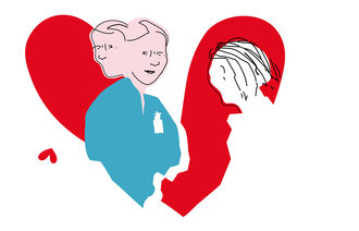 Illustrasjonen viser en sykepleier som skuer fremover mot en pasient. Begge er inni et hjerte. Samtidig ser sykepleieren bakover, og et lite hjerte faller nedover
