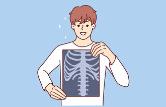 Illustrasjonen viser en gutt som holder opp et røntgenbilde av thorax.