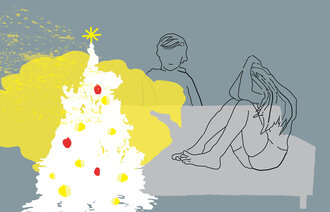 Bildet viser en tegning av et juletre og to barn