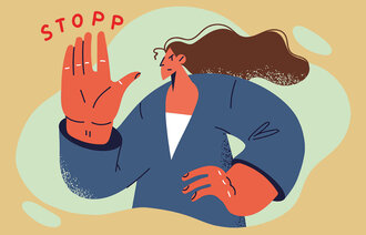Illustrasjonen viser en sykepleier som holder hånden opp som stopp-tegn.