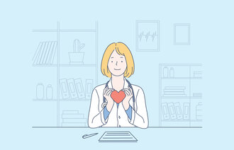 Illustrasjonen viser en kvinnelig helsearbeider med et hjerte.