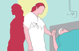Bildet er en illustrasjon av en sykepleier som holder en pasient i hånden