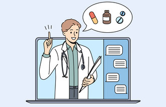 Illustrasjonen viser en helsearbeider som titter ut av en skjerm.