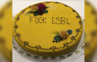 Bilde av kake, med teksten «Fuck ESBL».