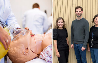 Montasjen viser et bilde av en simuleringsdukke som blir bagget og Kari Hanne Gjeilo, Torkild Andreas Stavik og Stine Sundrosen