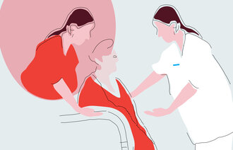 Bildet viser en illustrasjon av en sykepleier og en pårørende som gir omsorg til en pasient