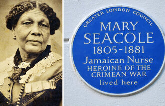 Bildet viser Mary Seacole og en plakett som hedrer henne.