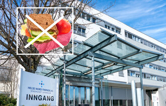 Bildet viser sykehuet i Levanger og en matpakke.