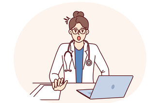 Illustrasjonen viser en helsearbeider som ser sjokkert ut.