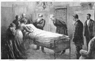 Bildet er en tegning av president James Garfield i seng med skuddskader.